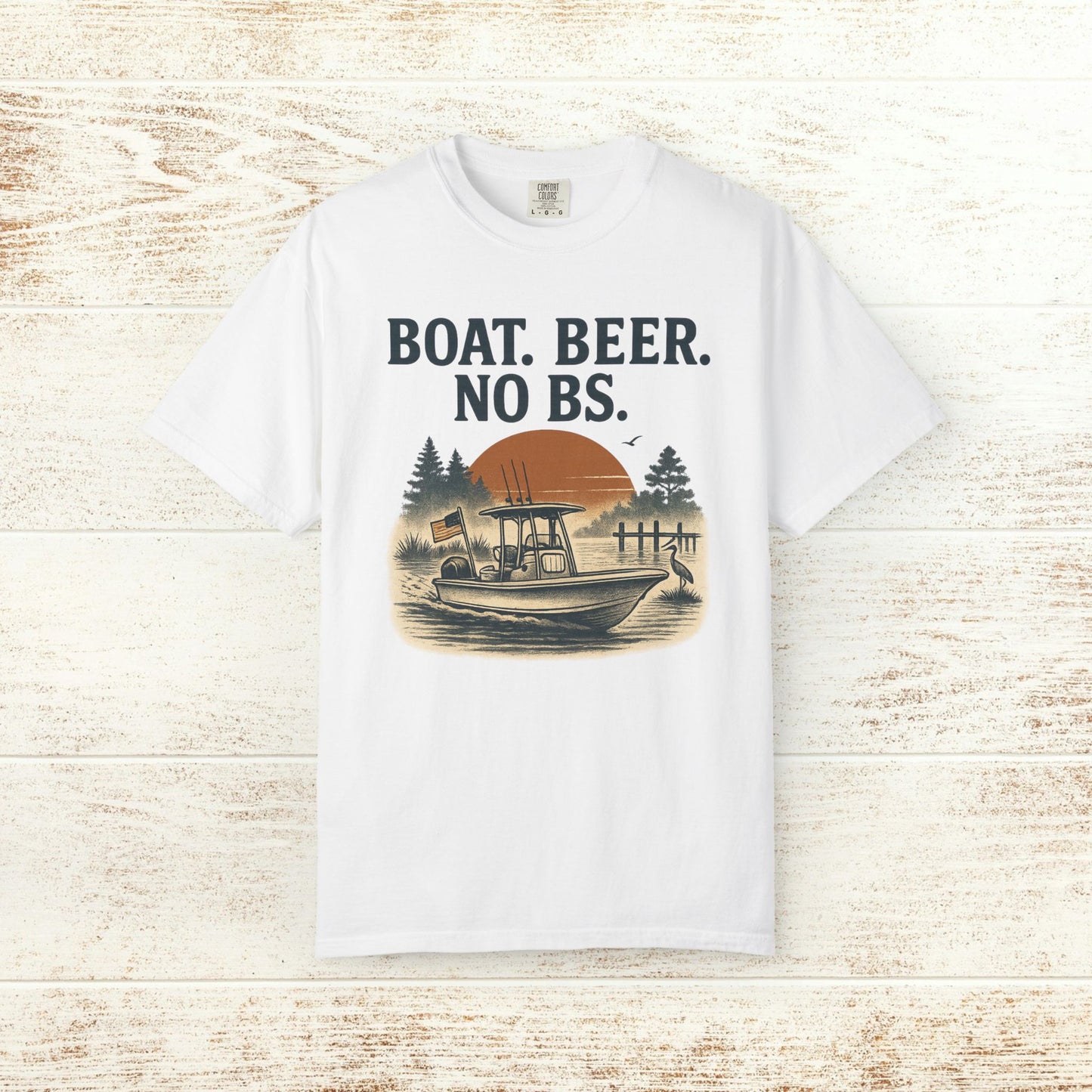 Boat Beer No BS Tee in white color displaying a boat scene and sunset design. Great choice for summer outings and leisure activities.