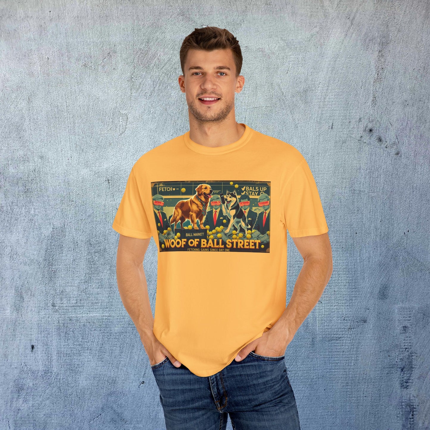 Male model showcasing the bright yellow Sleek Woof of Ball Street T-Shirt, featuring a playful graphic design with dogs, combining style and comfort in 100% cotton.