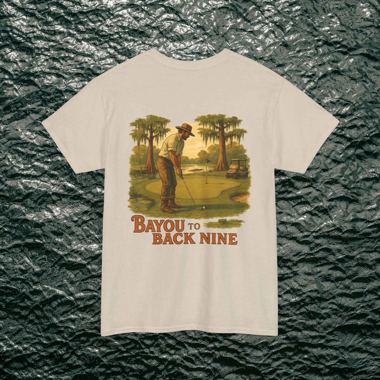 Bayou To Back Nine Softstyle Golf Tee showcasing a classic golfer design, designed for comfort and a laid-back aesthetic.