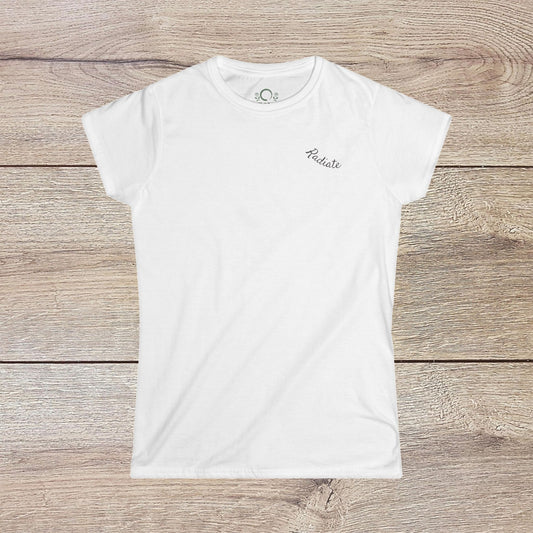 Eco-Friendly Align Tee in white with elegant 'Radiate' embroidery, showcasing a cozy blend of cotton and polyester.