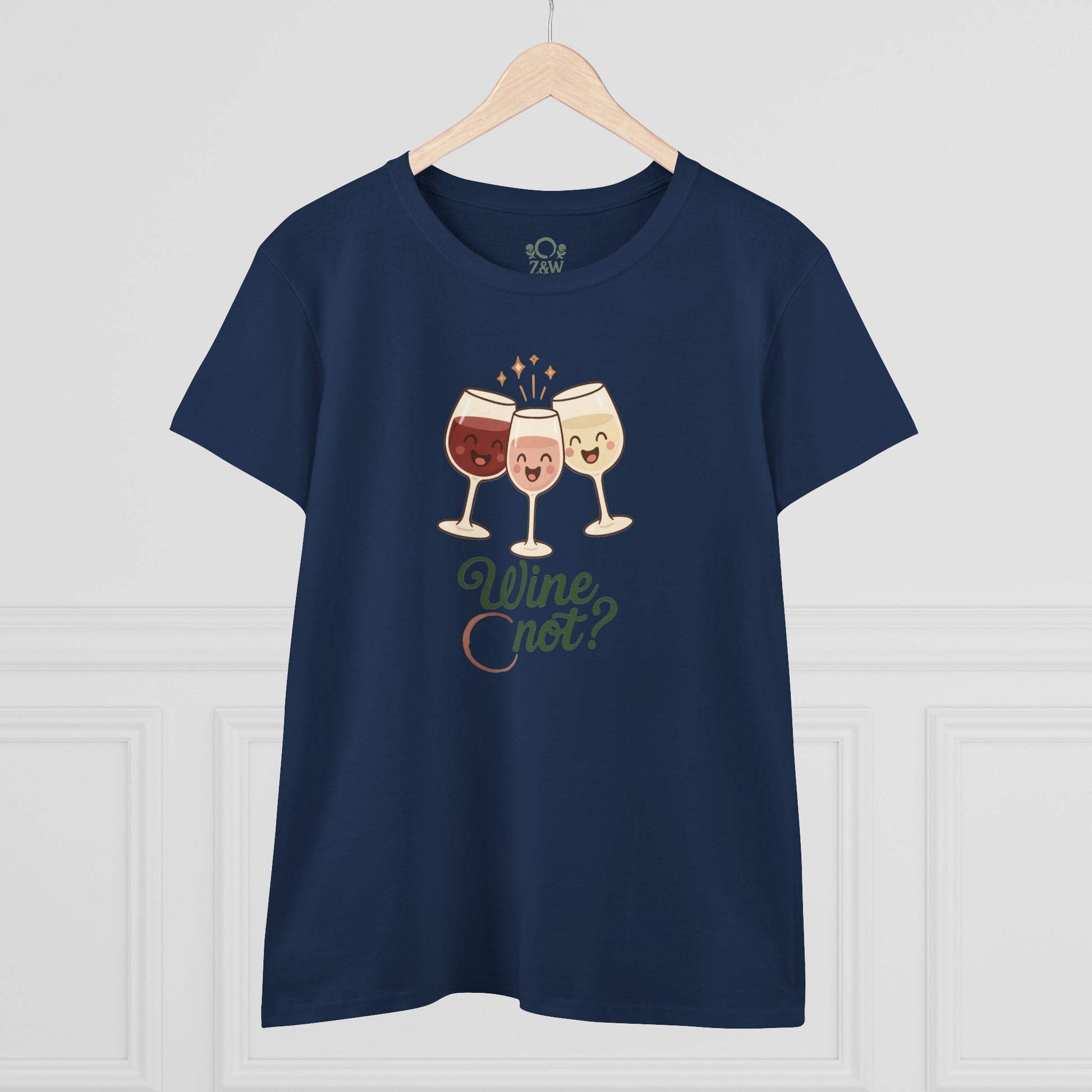 Wine Not Tee featuring cheerful cartoon wine glasses on a dark navy t-shirt, showcasing a fun wine-themed design perfect for wine lovers.