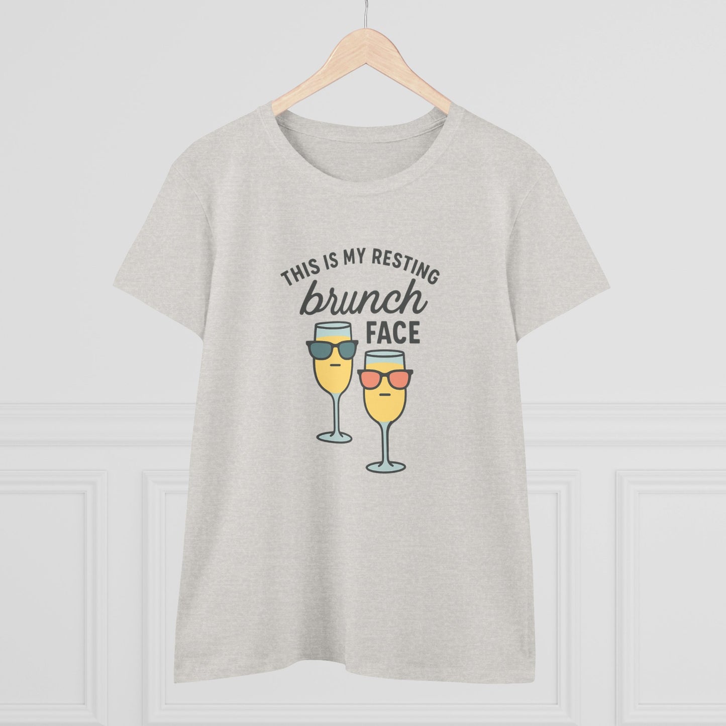 Front view of Women's Premium 100% Cotton Brunch Face Tee - Comfortable, Durable & Stylish in light grey with a playful brunch-themed graphic, perfect for a fun day out.