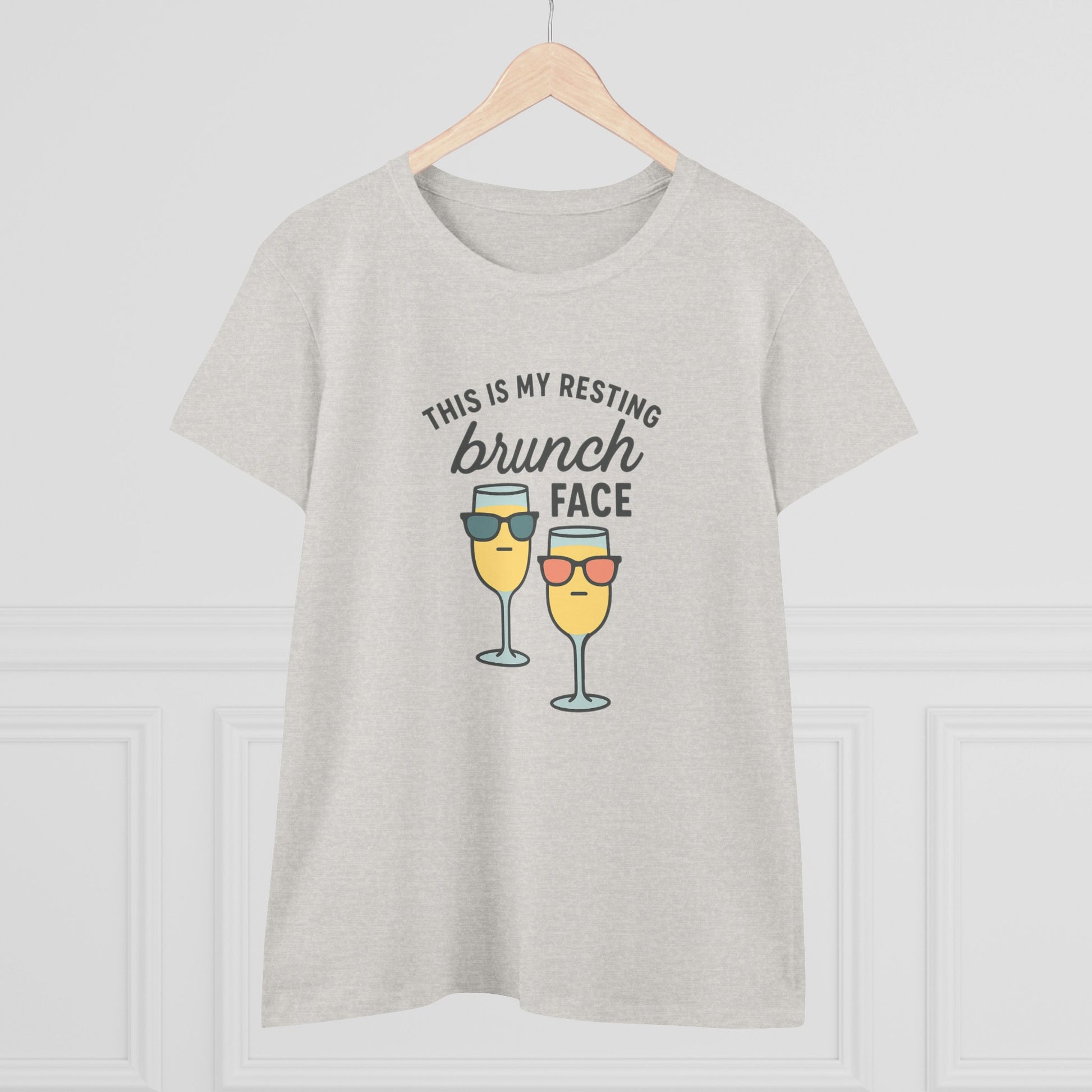 Front view of Women's Premium 100% Cotton Brunch Face Tee - Comfortable, Durable & Stylish in light grey with a playful brunch-themed graphic, perfect for a fun day out.
