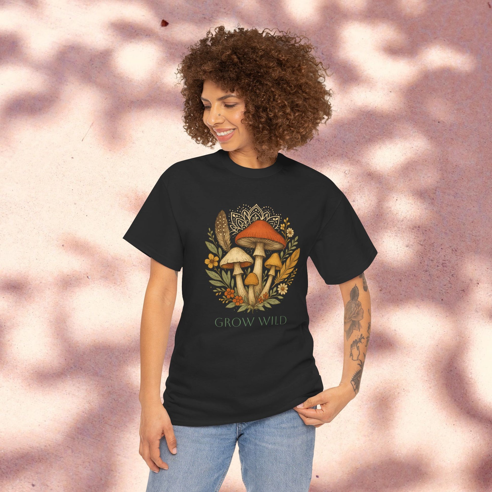 Wild Mushroom Graphic Tee in black, featuring a vibrant illustration of mushrooms and floral elements, perfect for nature lovers and adventure apparel.
