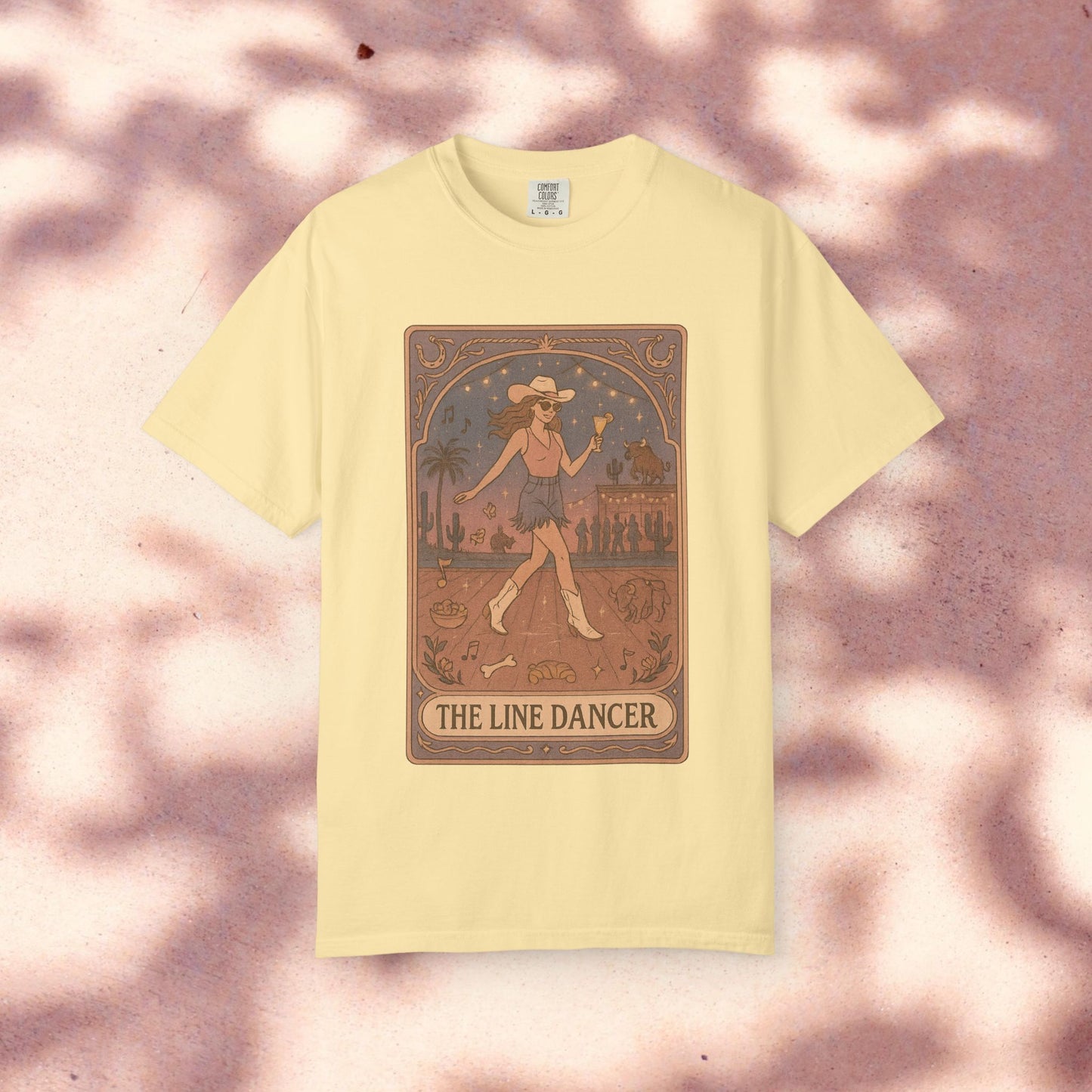 Line Dancer Tarot Tee in yellow, displaying a vibrant line dancer design, great for casual fashion, made with soft cotton, sizes S-4XL available, ethically made.