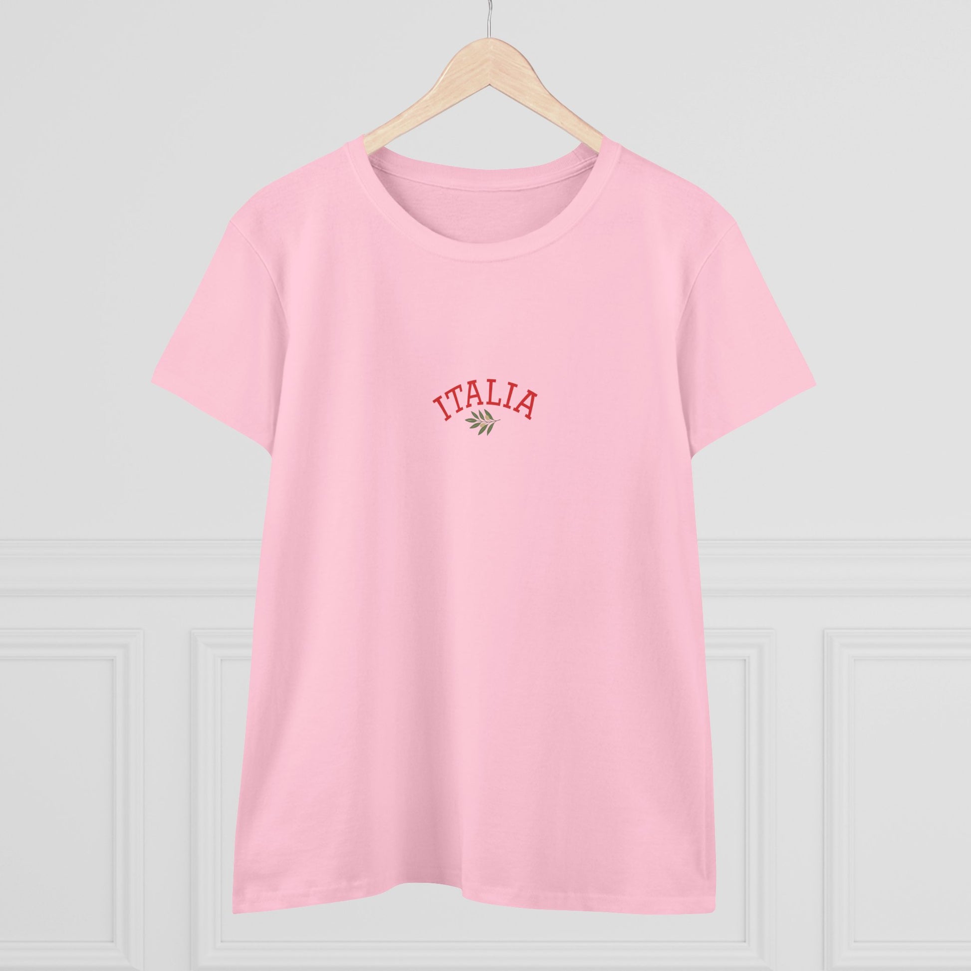 Front view of a pink Unisex Ultra Cotton Tee with Italian Heritage Design, displaying 'ITALIA' embroidered in red, a stylish choice for casual adventures.