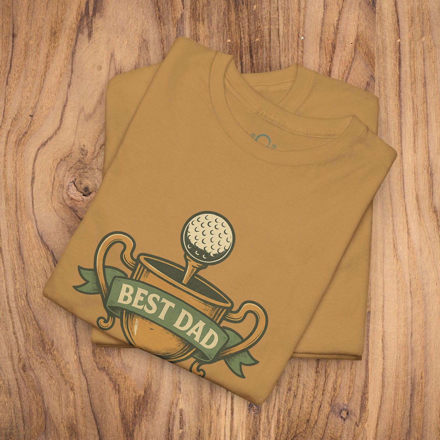 Best Dad Trophy T-Shirt in mustard yellow, showcasing a bold print of a golf trophy with 'BEST DAD,' crafted from soft cotton for enhanced comfort and durability.