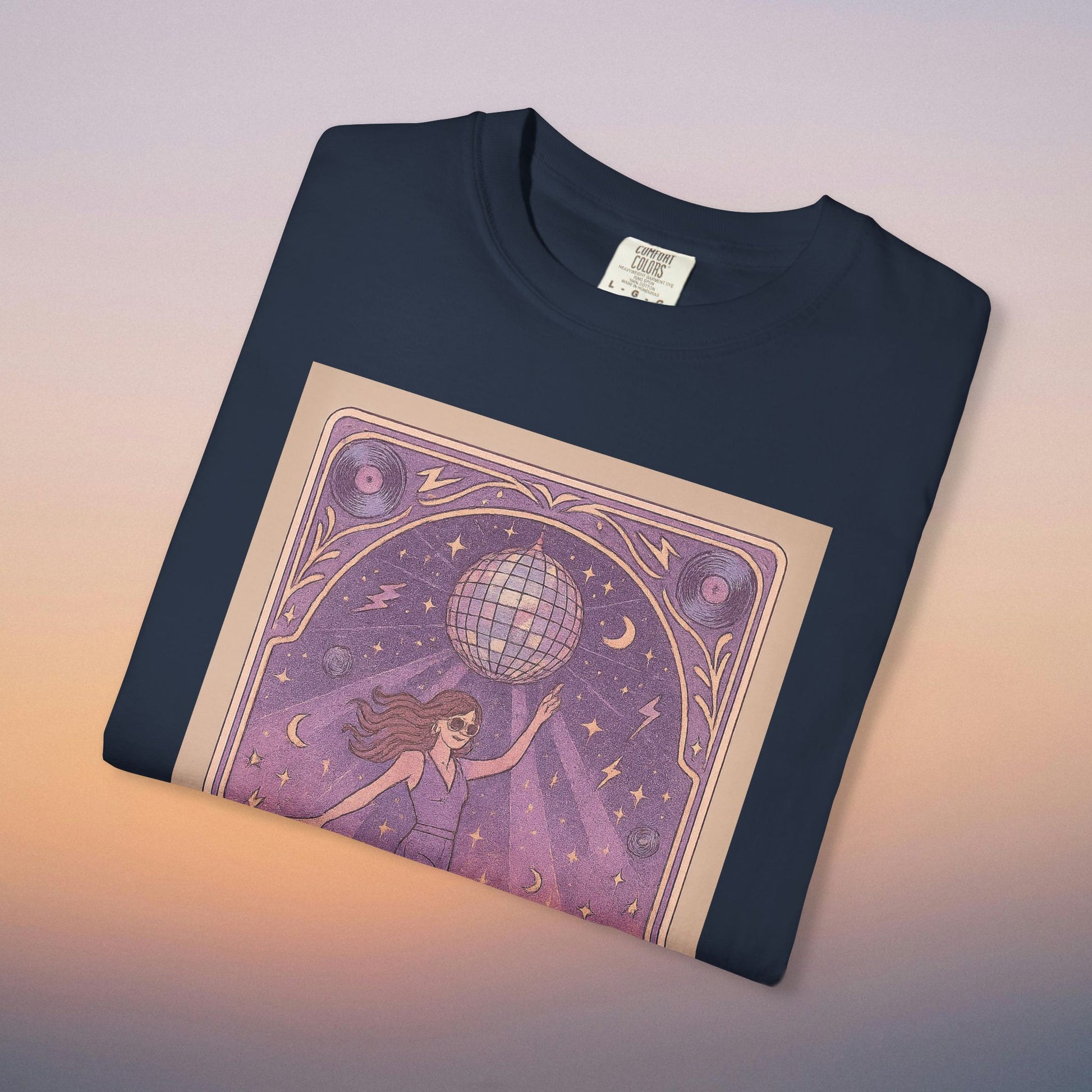 Groove Tarot Graphic Tee in deep navy color, fashioned from 100% ring-spun cotton, featuring an engaging graphic design with a disco ball and magical elements, perfect for both comfort and style.