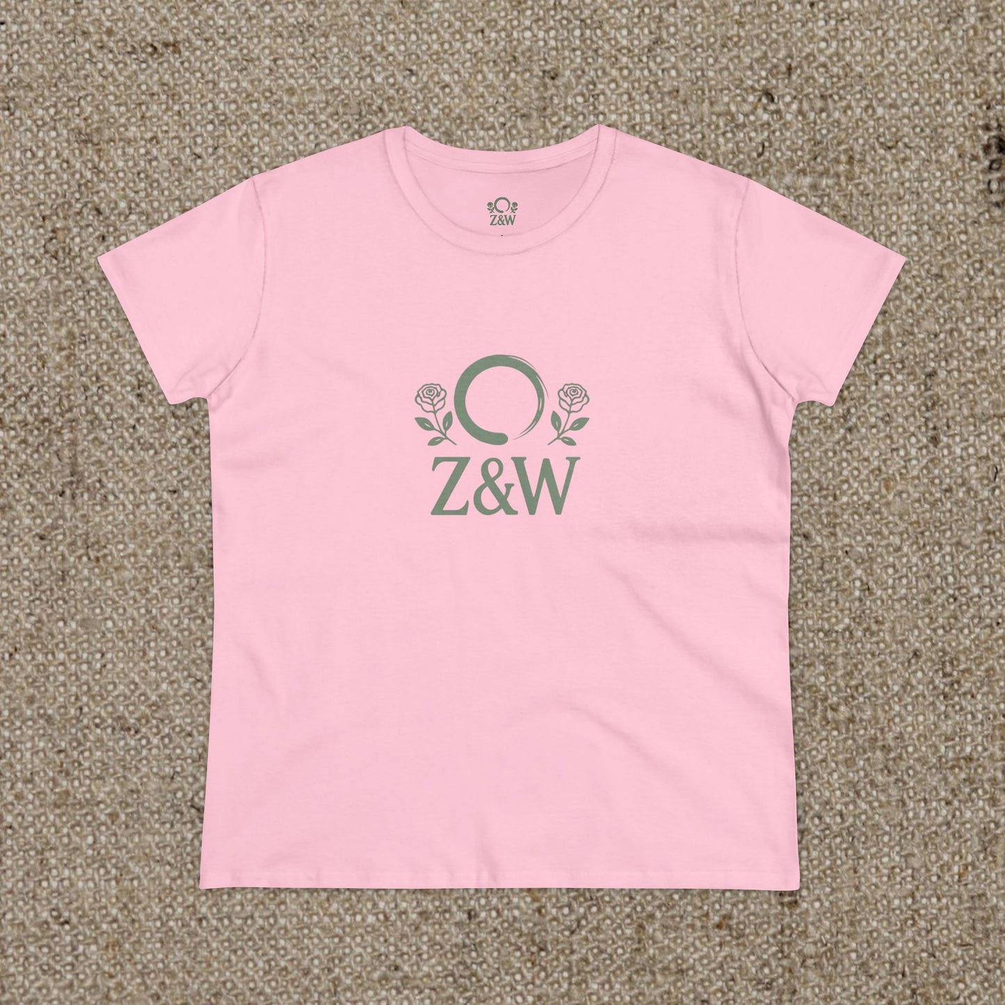 ZenAndWhiskey Classic 100% Cotton Tee in pink, featuring a beautiful Z&W logo with rose details, an excellent option for everyday style.