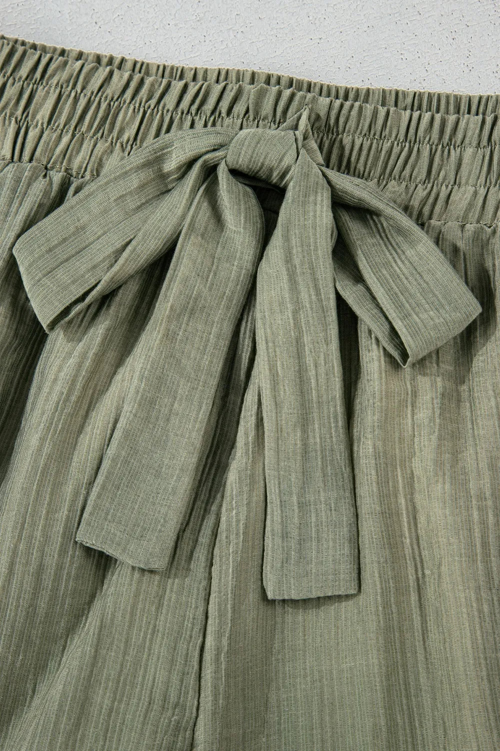Detailed view of the tie waist for the Textured Tie Waist Ruffle Hem Shorts, emphasizing the elegant texture and chic style.