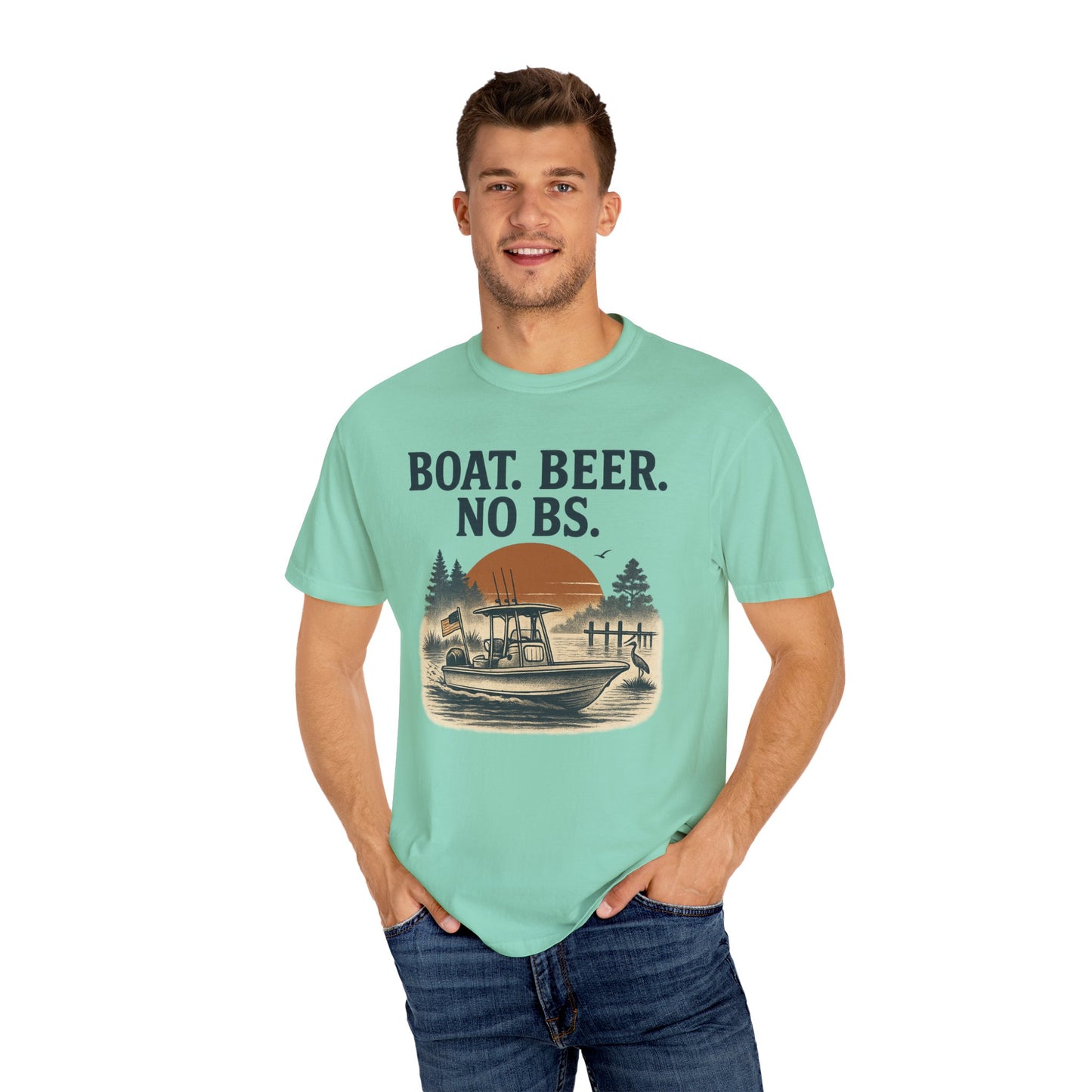 Model wearing the Boat Beer No BS Tee in aqua, showcasing a boat and sunset graphic, perfect for casual outings.