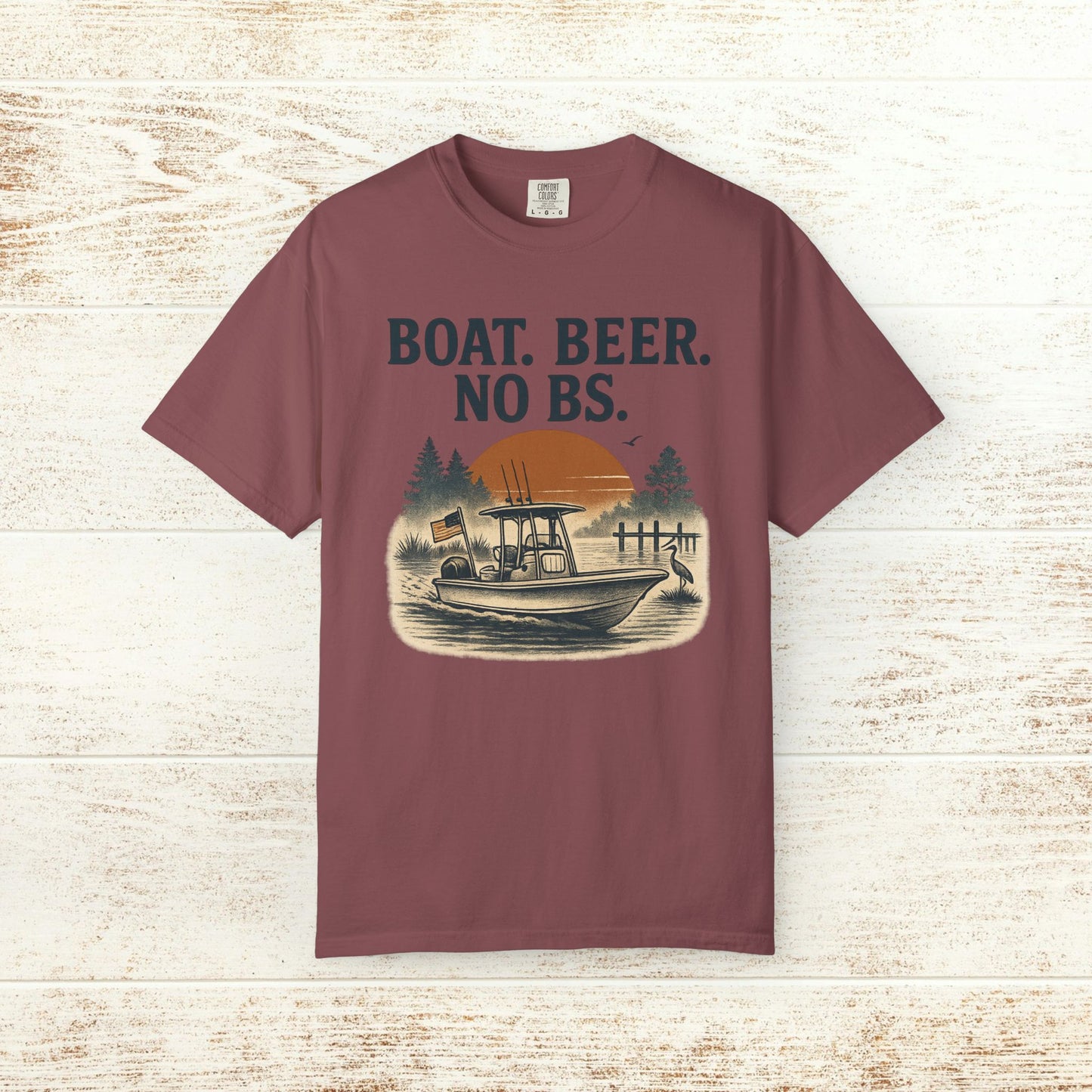Boat Beer No BS Tee in maroon color showcasing a boat graphic with a sunset. Ideal for enjoying drinks by the water.