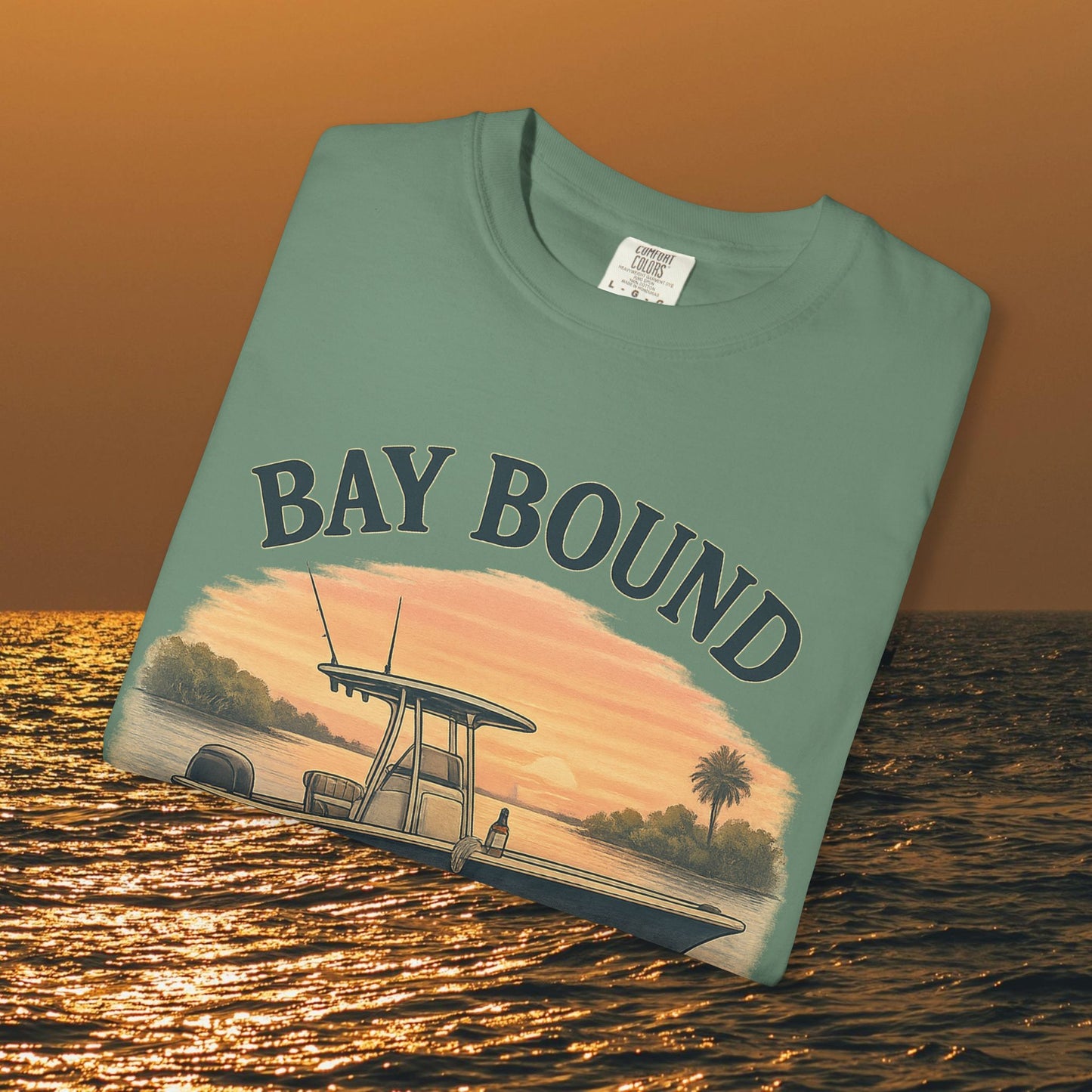 Front view of the Bay Bound T-Shirt in a calming color, perfect for summer days by the water - Soft Cotton Casual Tee for fishing and beach lovers in sizes S-4XL.