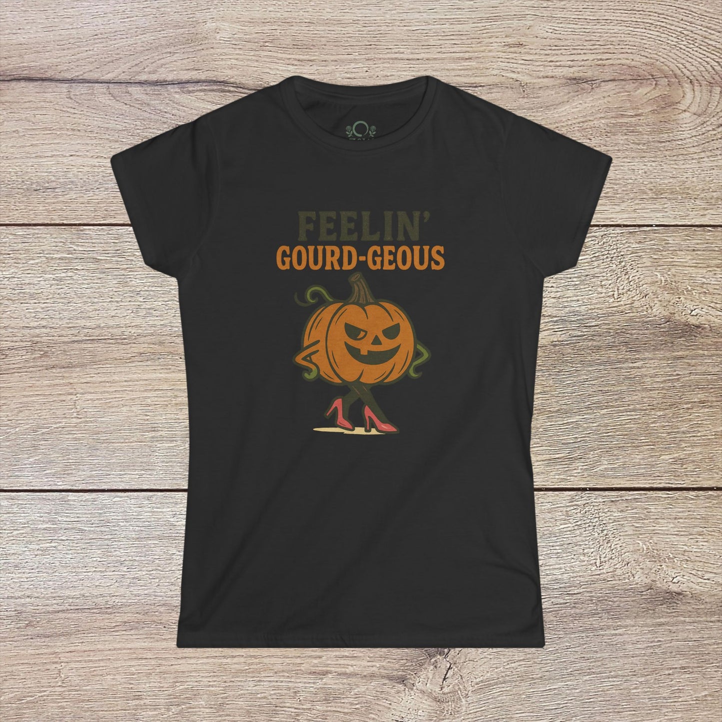 Gourd-geous Halloween Pumpkin T-Shirt in black, showcasing a fashionable pumpkin illustration with elegant heels. Great for Halloween celebrations.