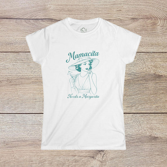 Mamacita Margarita Cotton Tee in white, showcasing a stylish design with a woman holding a margarita, highlighting its comfortable and sustainable materials.