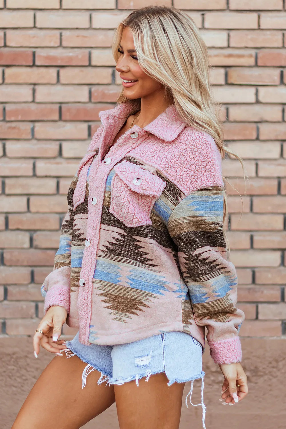 Side view of the Trendsi Button Up Long Sleeve Jacket, highlighting the intricate patterns and soft fabric while styled casually.