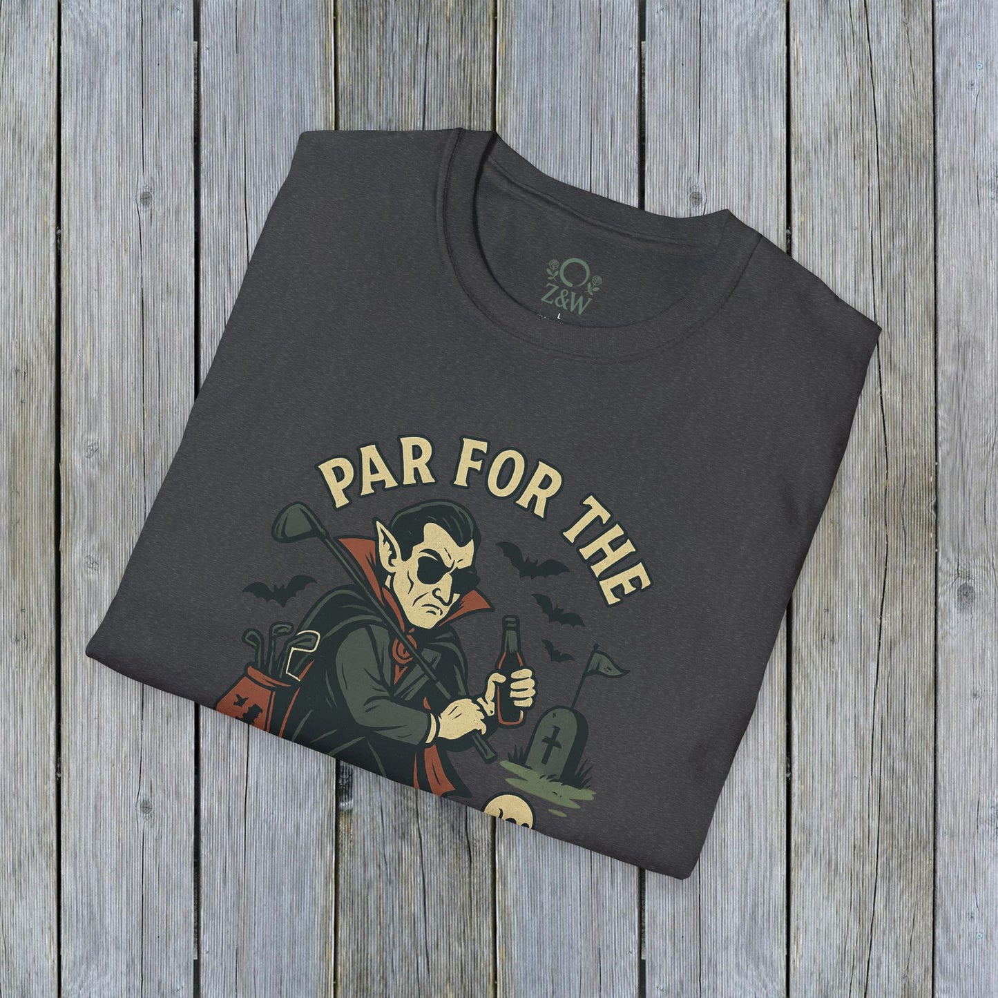 Charcoal version of Funny Halloween Unisex T-Shirt with 'Par For The Curse' graphic, ideal for Halloween celebrations.