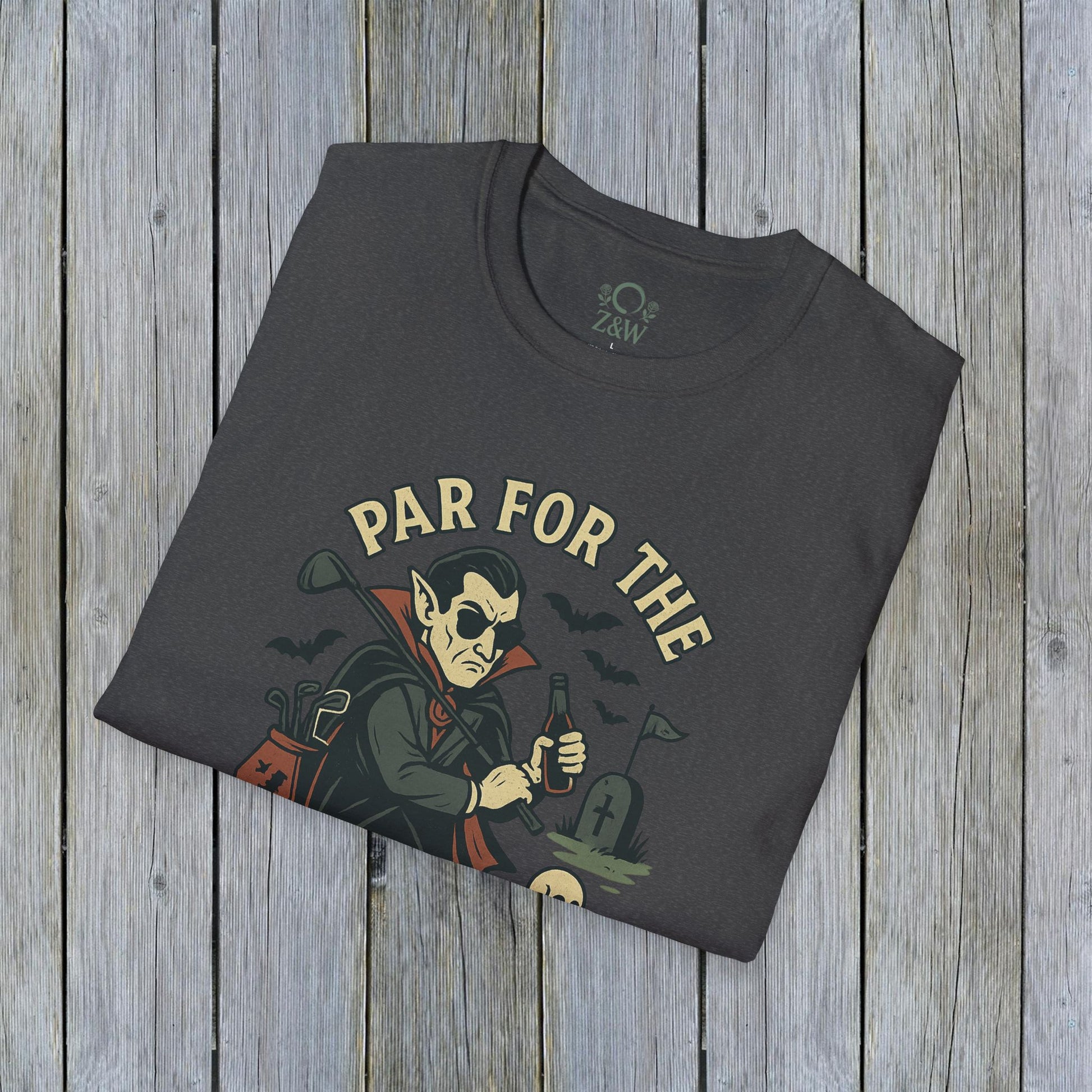Charcoal version of Funny Halloween Unisex T-Shirt with 'Par For The Curse' graphic, ideal for Halloween celebrations.