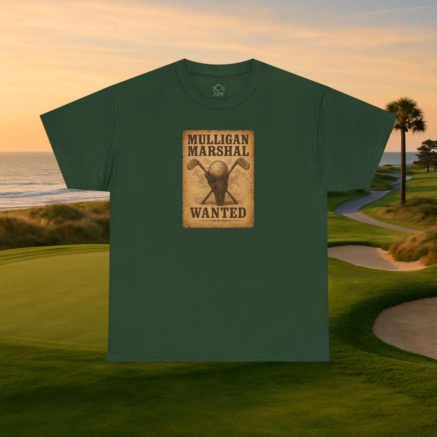 Funny Mulligan Marshal Wanted Golf Tee Shirt in green, stylish and comfortable for golf enthusiasts. A great addition to summer casual wear.