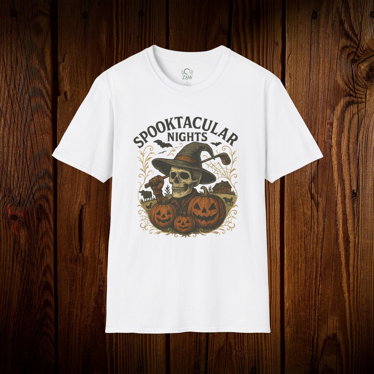 Classic white Spooktacular Nights Halloween T-shirt with a detailed graphic of skulls and pumpkins, an excellent choice for Halloween outfits.