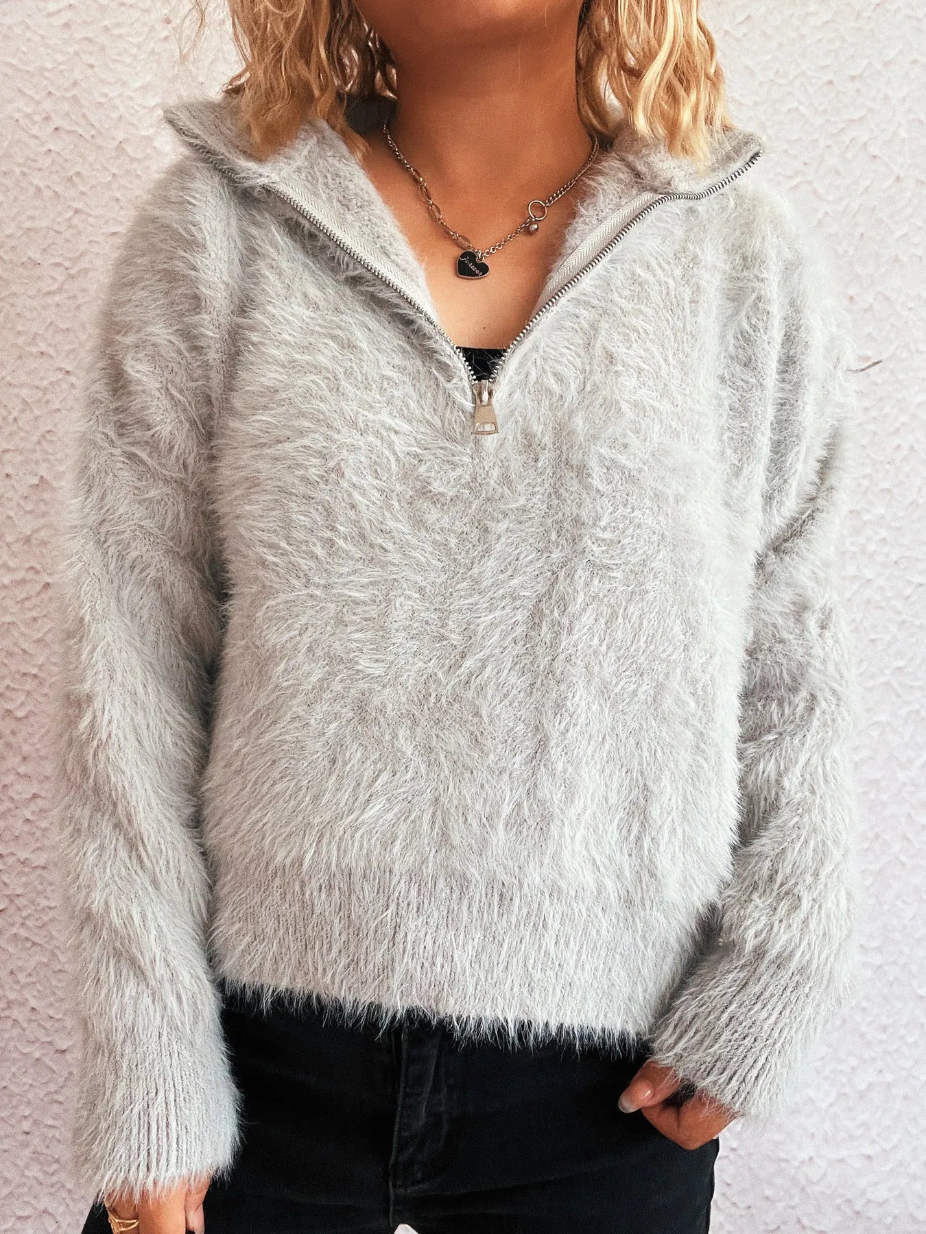 Cozy Fuzzy Half-Zip Sweater for Women in light gray, featuring a stylish zipper and slightly stretchy fit, perfect for casual outings or layering. Made from 100% polyester and machine washable.