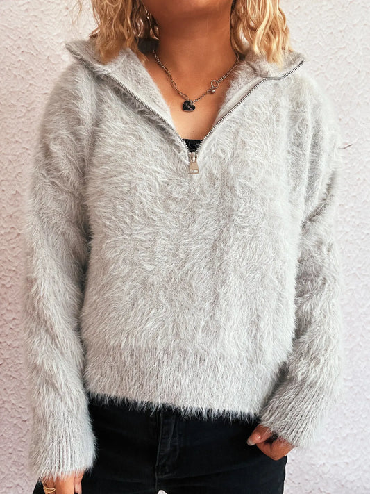 Cozy Fuzzy Half-Zip Sweater for Women in light gray, featuring a stylish zipper and slightly stretchy fit, perfect for casual outings or layering. Made from 100% polyester and machine washable.