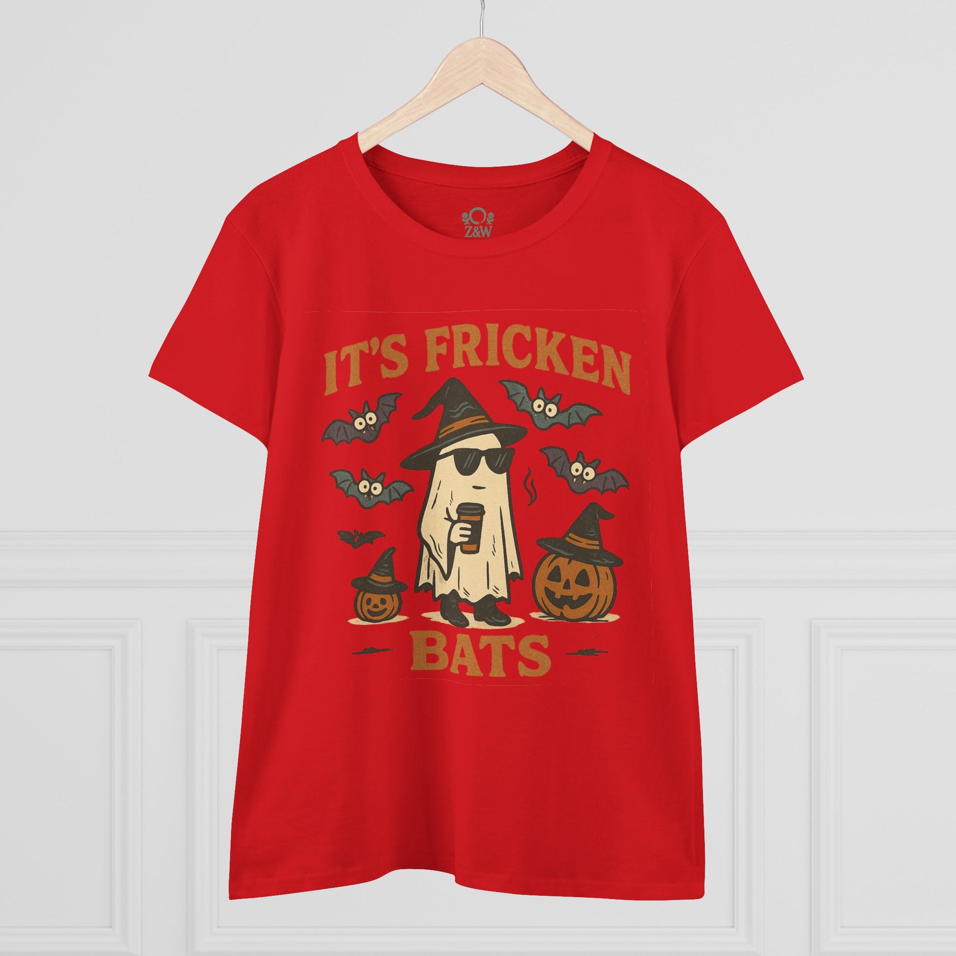 Front view of a red Halloween unisex t-shirt showcasing the graphic 'It's Fricken Bats' with playful bats and a ghost, made from 100% cotton for trick-or-treating.