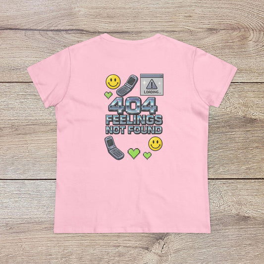 404 Y2K Graphic T-Shirt featuring playful design with the text '404 Feelings Not Found', fun icons, and vibrant colors, perfect for adding a nostalgic vibe to your wardrobe.