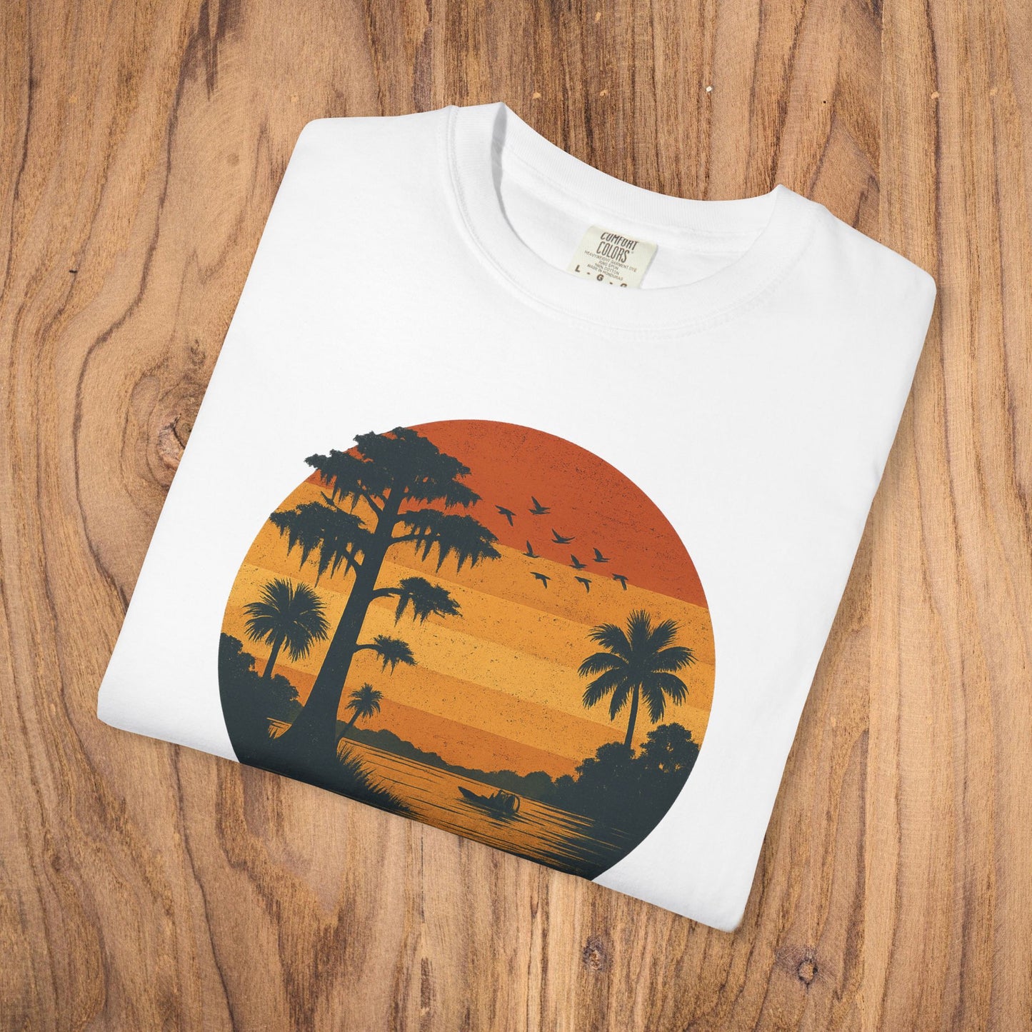 Unisex Garment-Dyed Sunset Tee - Soft 100% Cotton T-Shirt in white featuring a sunset graphic with palm trees and birds, perfect for casual outings.