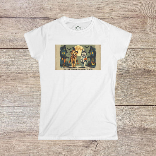 Unisex Softstyle Trick Or Treat T-Shirt featuring a whimsical design with a dog and a cat, perfect for pet lovers and Halloween festivities. Made from 100% ring-spun cotton for ultimate comfort and a classic fit.