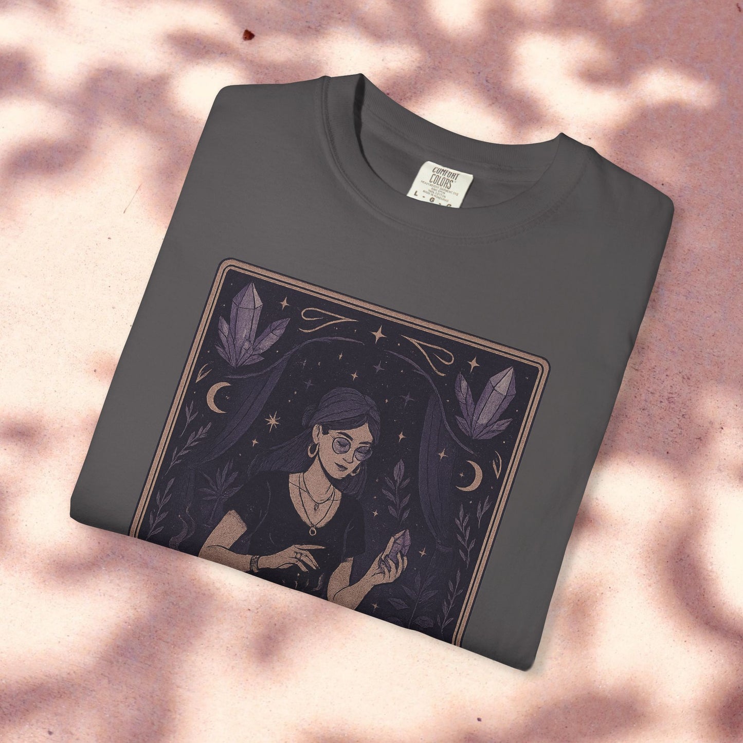 Heather gray Intuitive Tarot Tee displaying an enchanting image of a woman with crystals, highlighting the soft garment-dyed fabric.