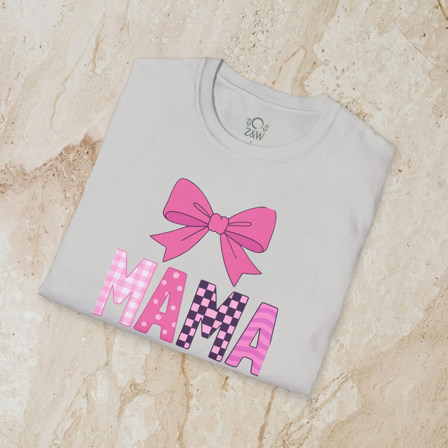 Mama Bow Tee in a soft gray color, featuring an eye-catching pink bow design and the letters 'MAMA', constructed from seamless 100% cotton for ultimate comfort.