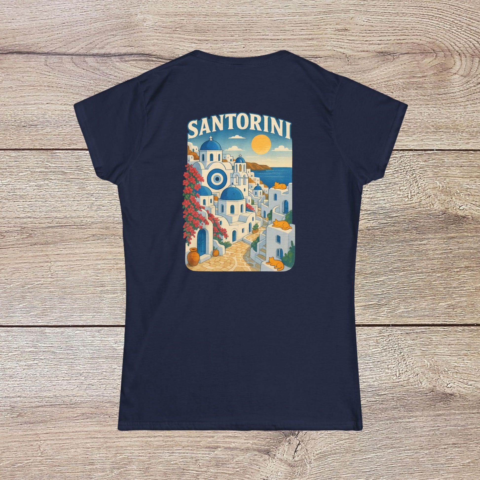 Santorini Tee - Back view of the tee in navy color, displaying a beautifully designed graphic of Santorini, perfect for casual wear or travel.