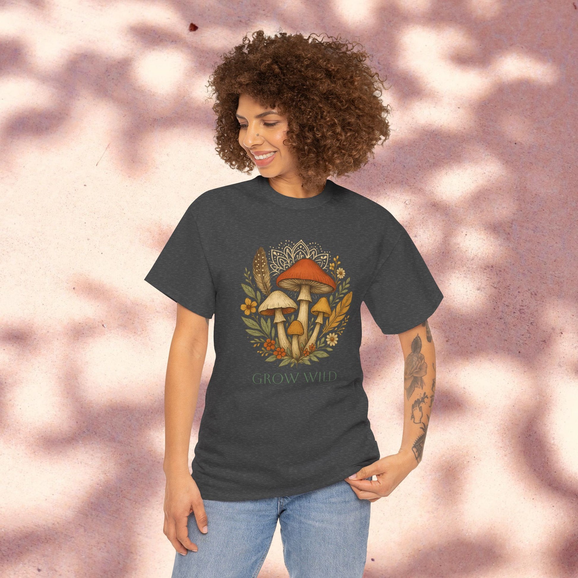 Wild Mushroom Graphic Tee in dark gray, adorned with an artistic mushroom graphic and details, a great choice for those who appreciate nature-themed clothing.