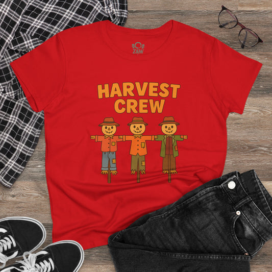 Harvest Crew Halloween T-Shirt featuring playful scarecrow graphics on a vibrant red background, crafted from soft 100% ring-spun cotton for ultimate comfort - perfect for celebrating the Halloween season.