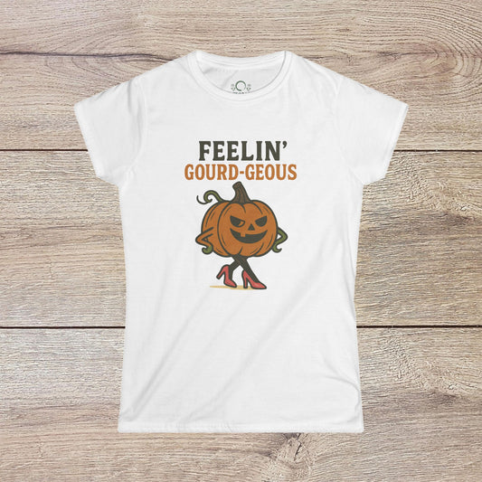 Gourd-geous Halloween Pumpkin T-Shirt in white, featuring a trendy pumpkin design with high heels. Ideal for spooky seasonal wear.