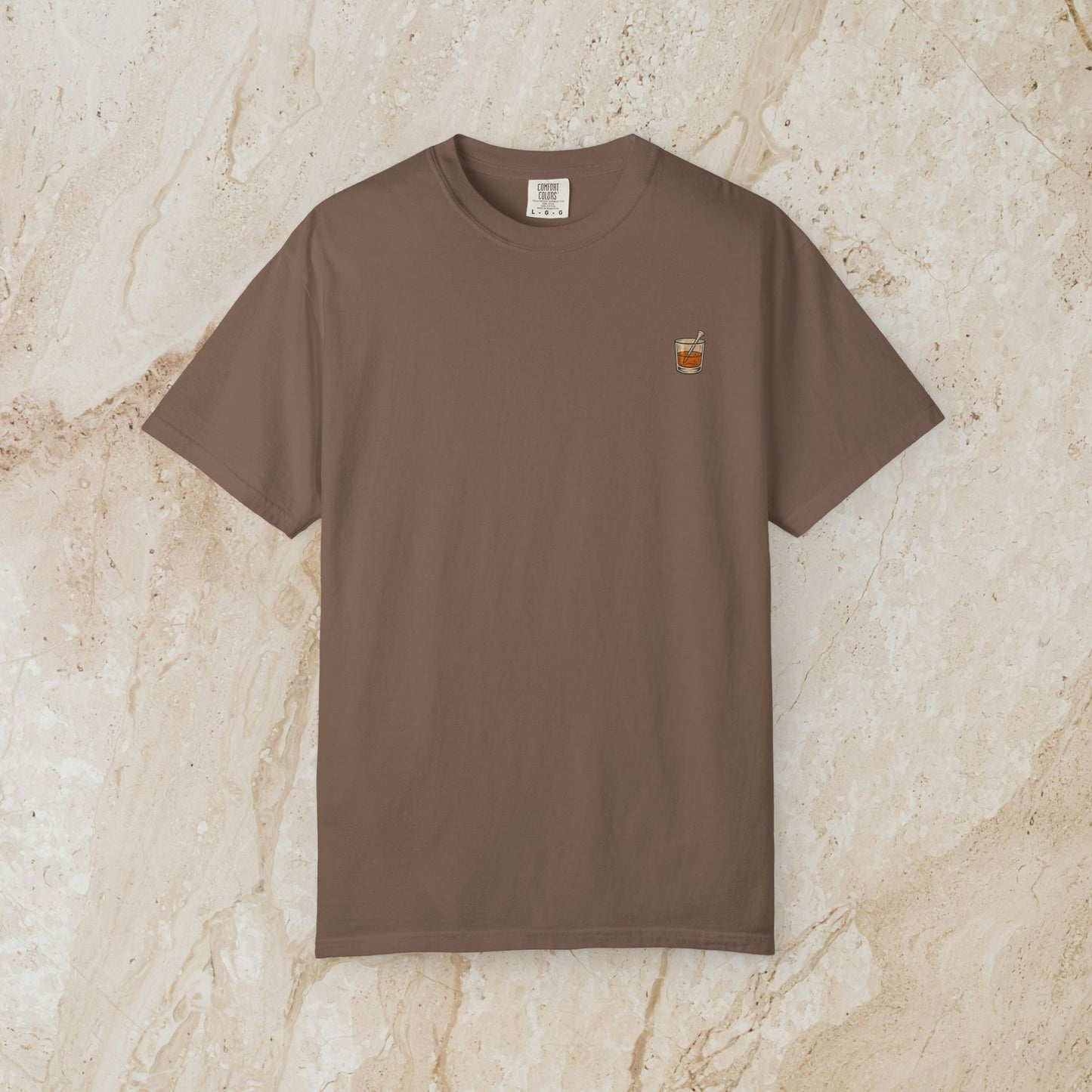 Golden Whiskey Dog Tee in brown color, featuring a unique vintage style, made from 100% cotton with a relaxed fit and left chest pocket.