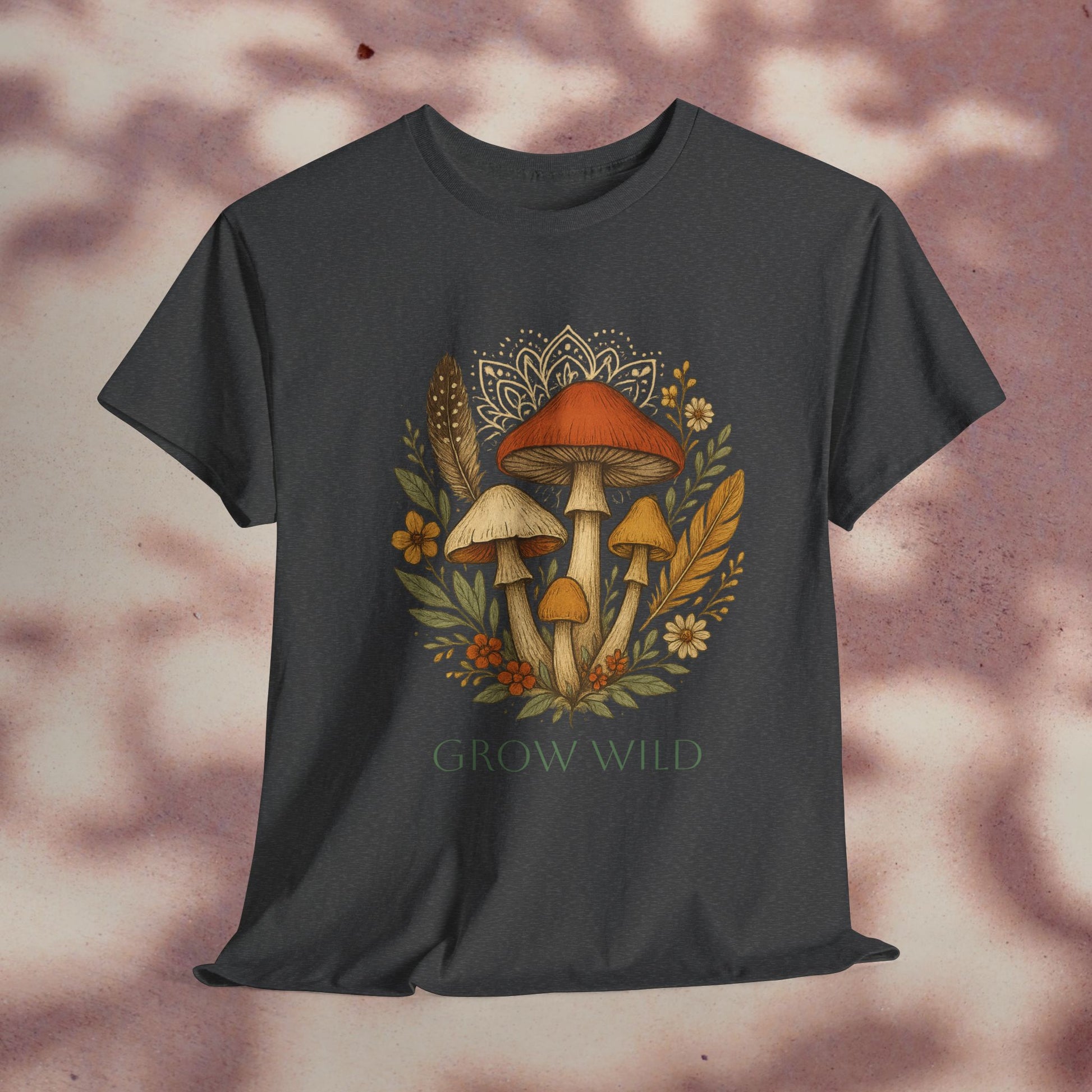 Wild Mushroom Graphic Tee in Black - Eco-Friendly Unisex Cotton Shirt for Nature Lovers, Adventure Apparel featuring mushroom illustration and 'GROW WILD' text.