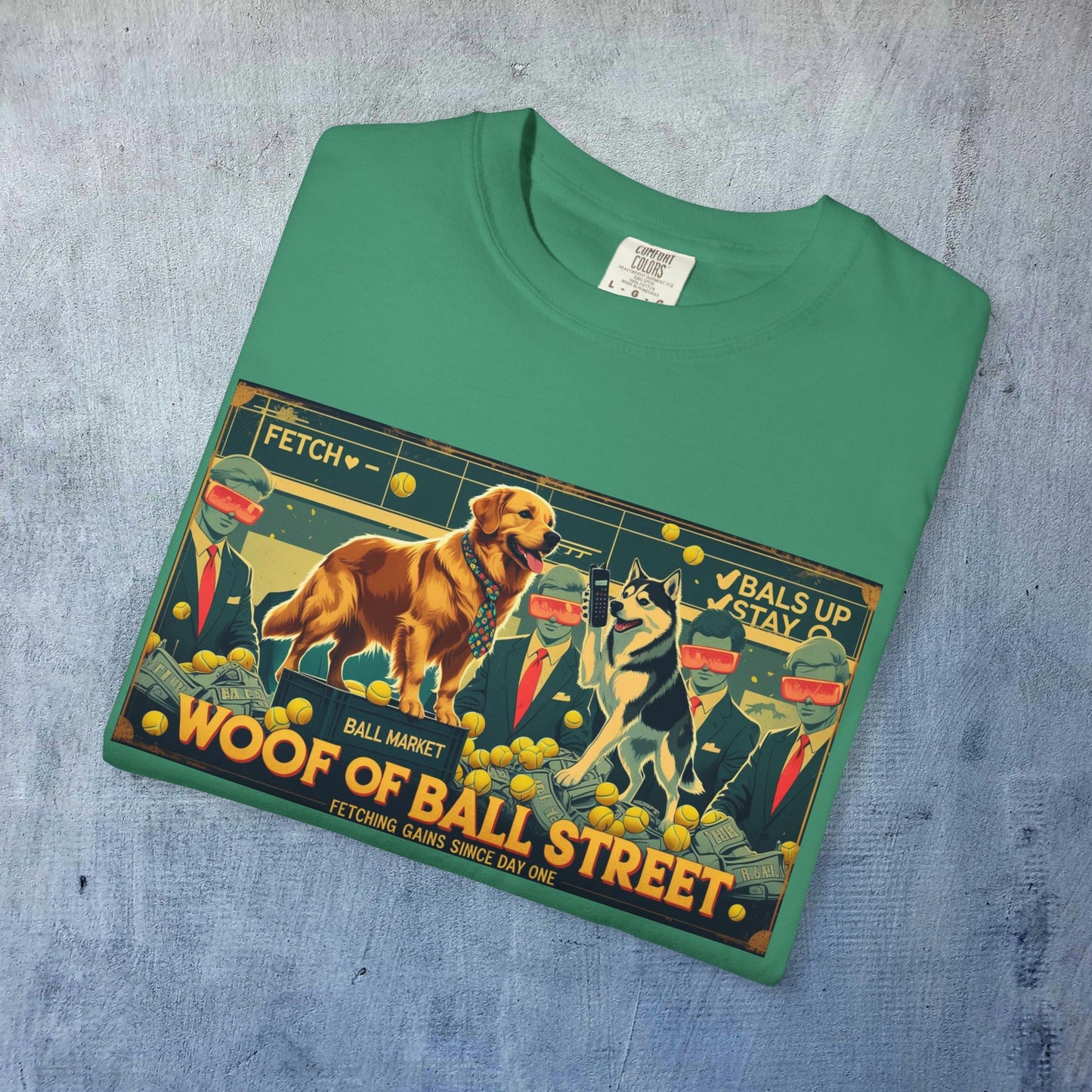 Flat lay of the Sleek Woof of Ball Street T-Shirt in mint green, featuring a graphic print showcasing fun dog-themed designs.