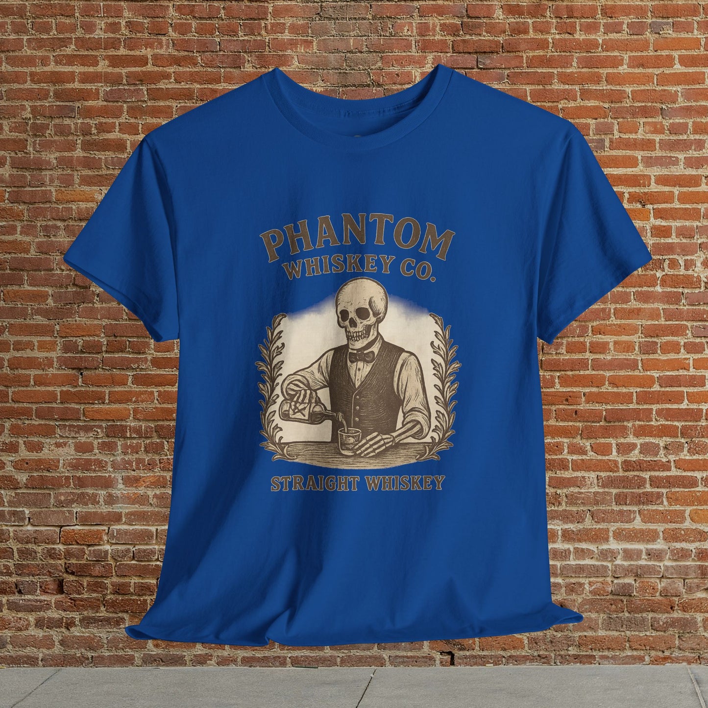 Vintage Skull Whiskey Lover Unisex Tee in royal blue displaying a stylish skeleton illustration with 'Phantom Whiskey Co. - Straight Whiskey', perfect for retro parties and casual outings.