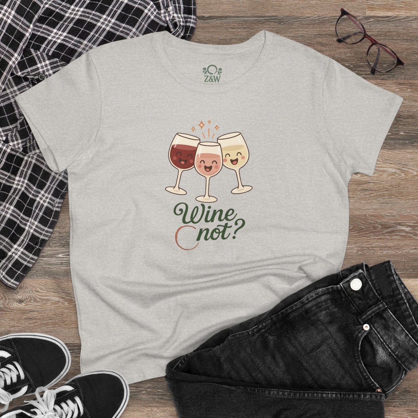 Wine Not Tee styled with casual attire, displaying the playful wine glass graphic in a light gray shade.