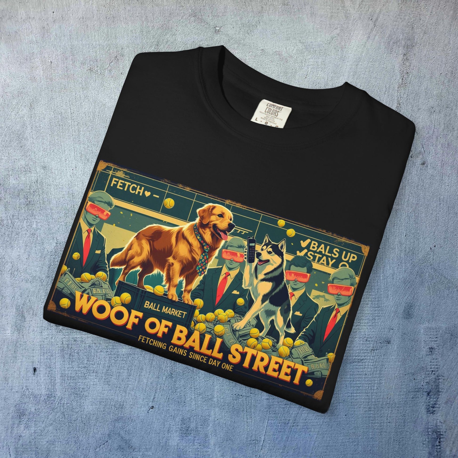 Sleek Woof of Ball Street T-Shirt in black, featuring eye-catching dog-themed artwork, perfect for making a fashionable statement while enjoying ultimate comfort.