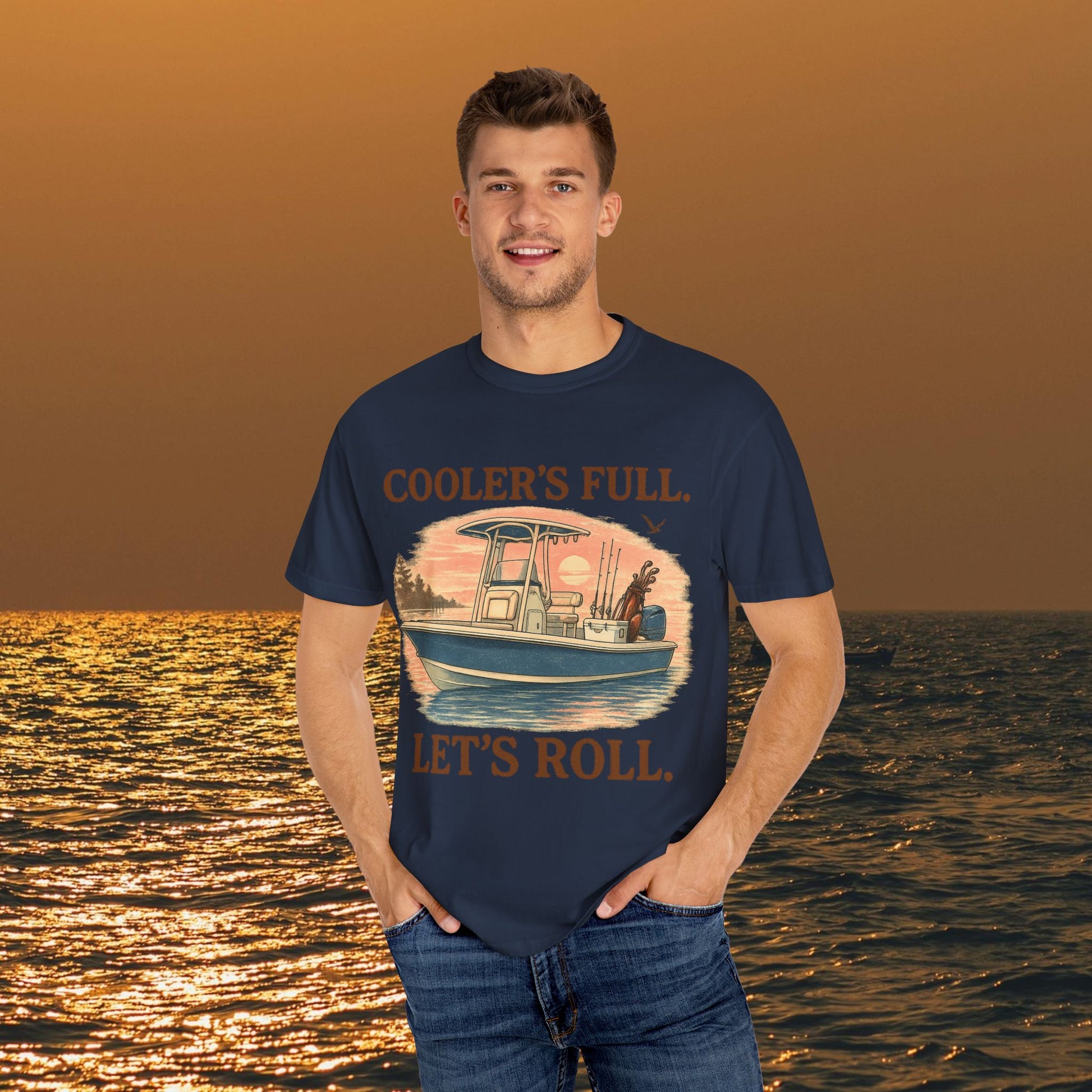Men's & Women's Durable Cotton Full Tee - Soft, Seamless, modeled by a man in front of a sunset, showcasing the graphic 'COOLER'S FULL. LET'S ROLL.', available in sizes S to 4XL.