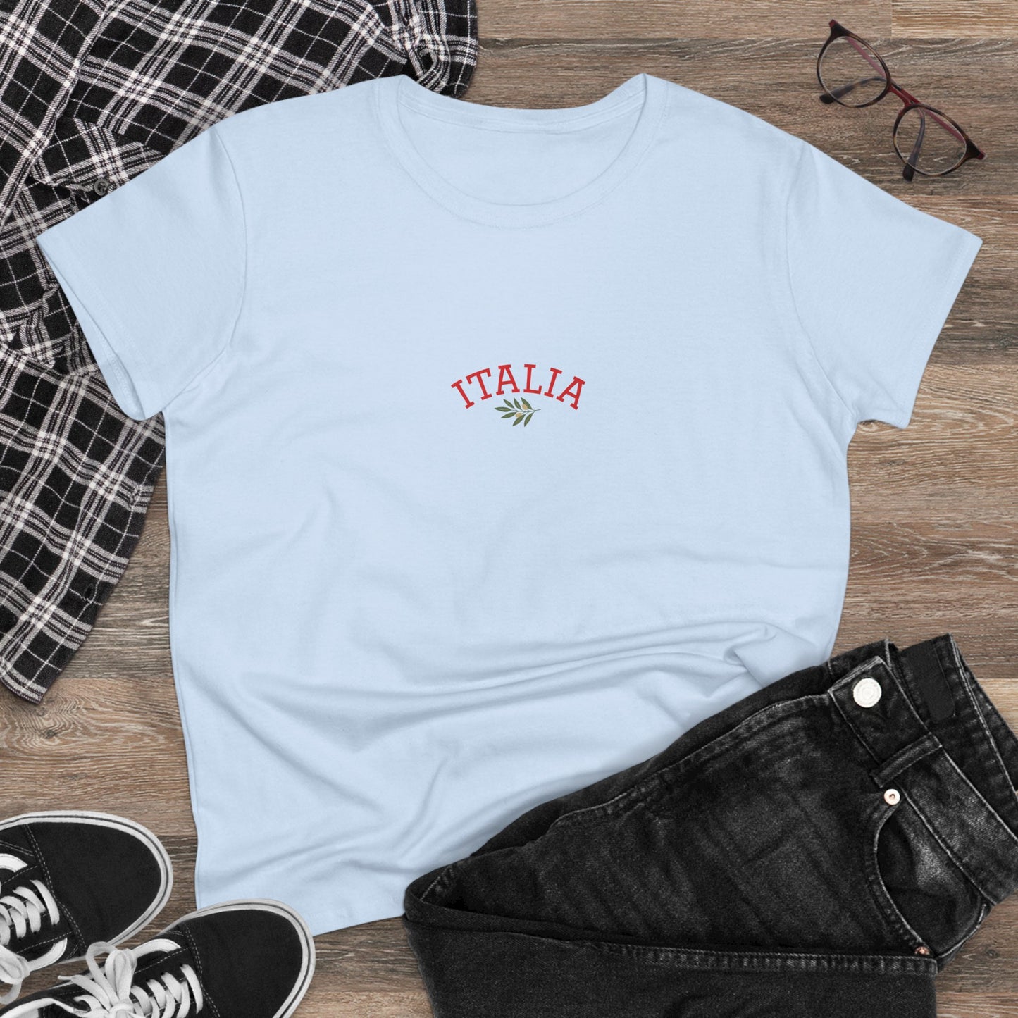 Unisex Ultra Cotton Tee with Italian Heritage Design in light blue, showcasing 'ITALIA' embroidered in red, perfect for casual adventures.