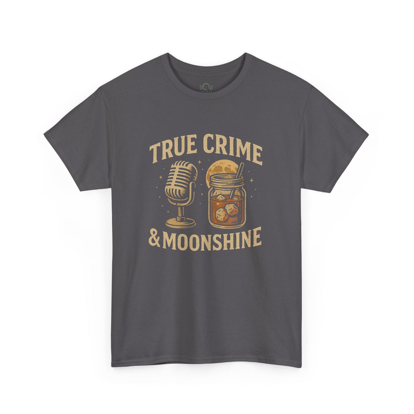 True Crime & Moonshine Unisex Graphic Tee displayed with a vintage microphone and jar illustration, ideal for true crime lovers who love casual fashion.