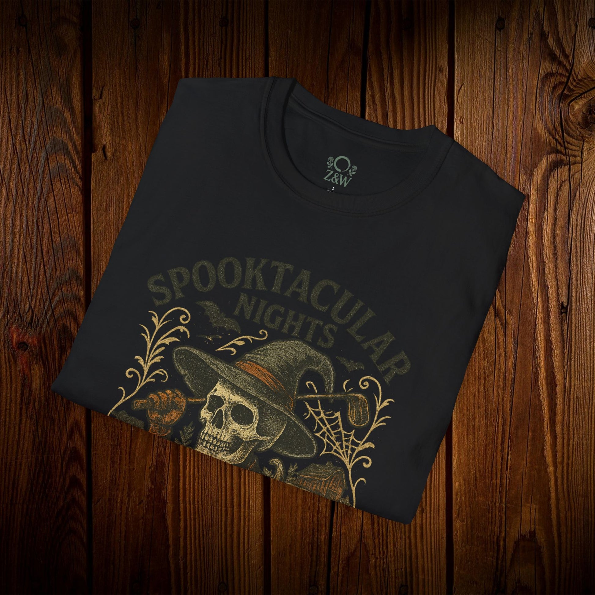 Spooktacular Nights Halloween T-Shirt in black with a striking skull graphic, designed for unisex wear and Halloween events.