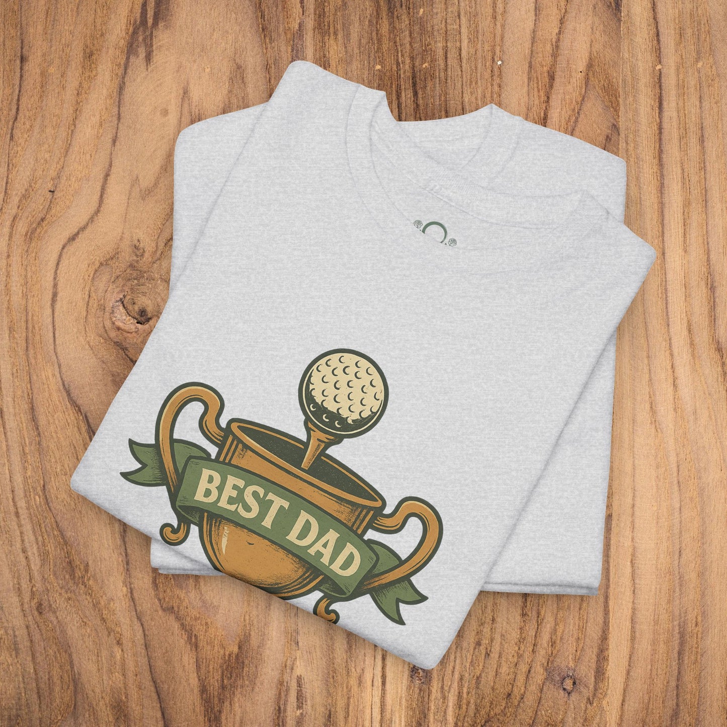 Best Dad Trophy T-Shirt in heather gray, designed with an eye-catching golf trophy graphic and 'BEST DAD,' made from soft cotton for a comfortable fit and durability.