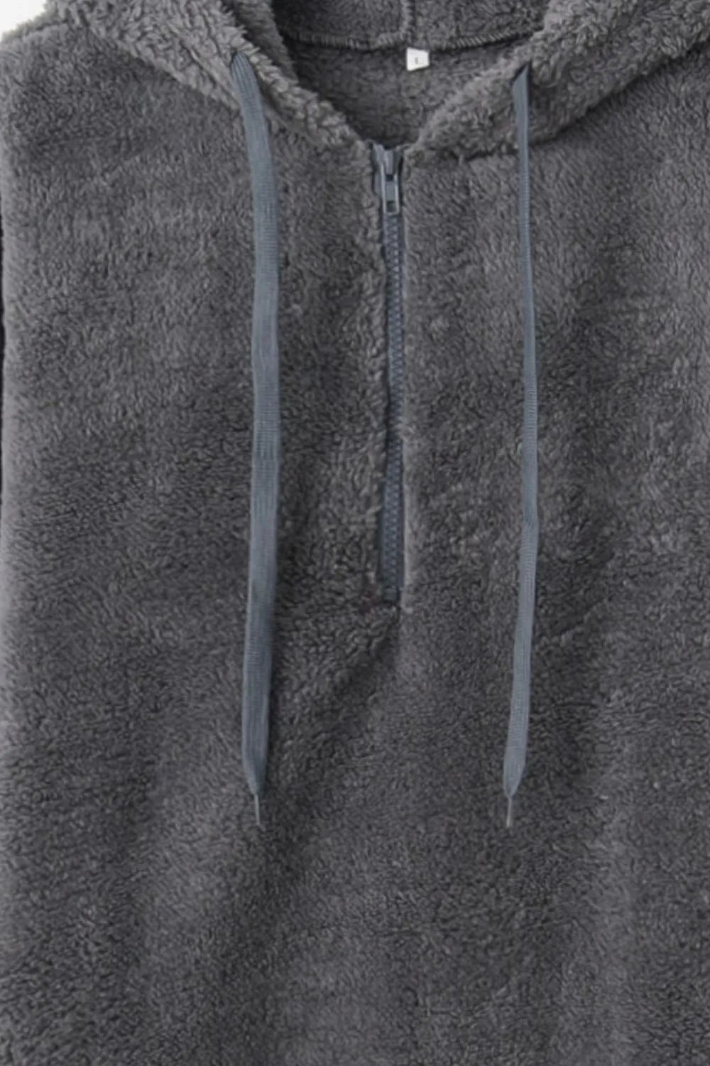 Cozy Full Size Teddy Hoodie with Quarter-Zip and Drawstring in soft gray, perfect for casual wear.