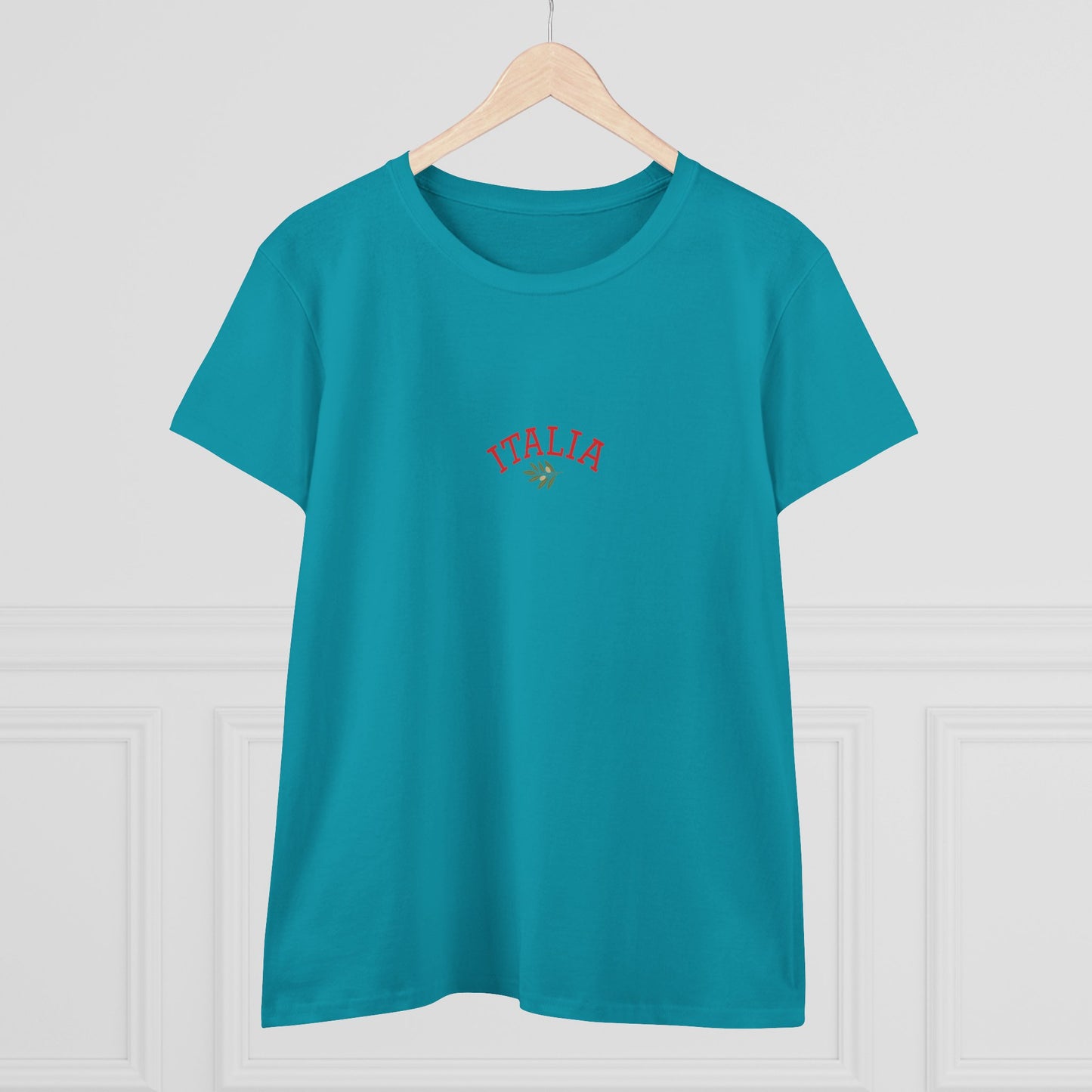 Front view of a turquoise Unisex Ultra Cotton Tee with Italian Heritage Design, featuring 'ITALIA' in bold red text, ideal for stylish casual outings.