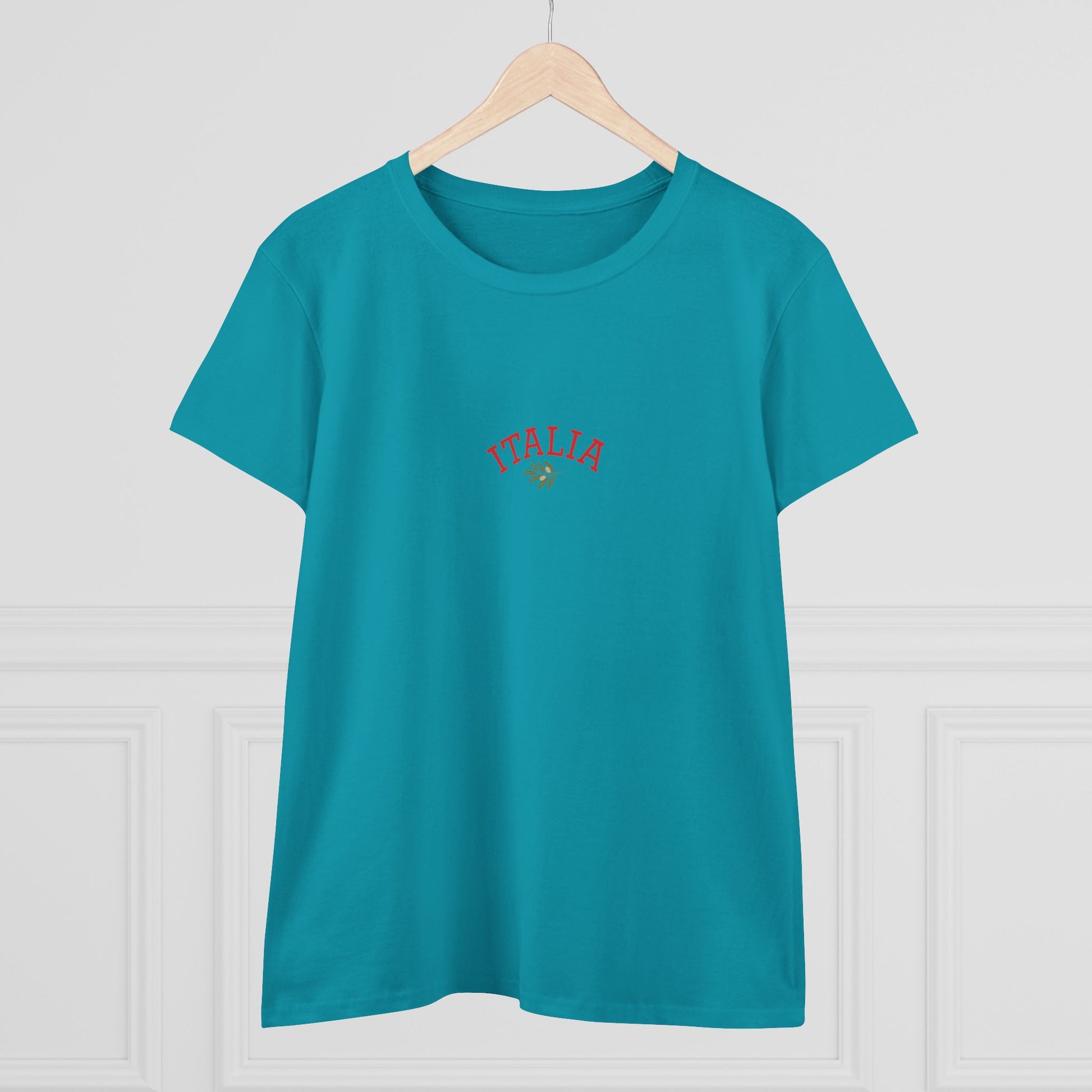 Front view of a turquoise Unisex Ultra Cotton Tee with Italian Heritage Design, featuring 'ITALIA' in bold red text, ideal for stylish casual outings.